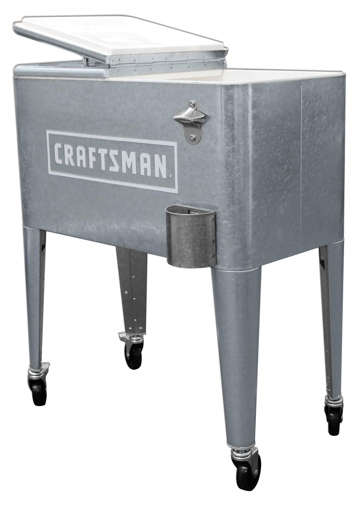 Leigh Country Craftsman cooler rolls on four casters with brakes.