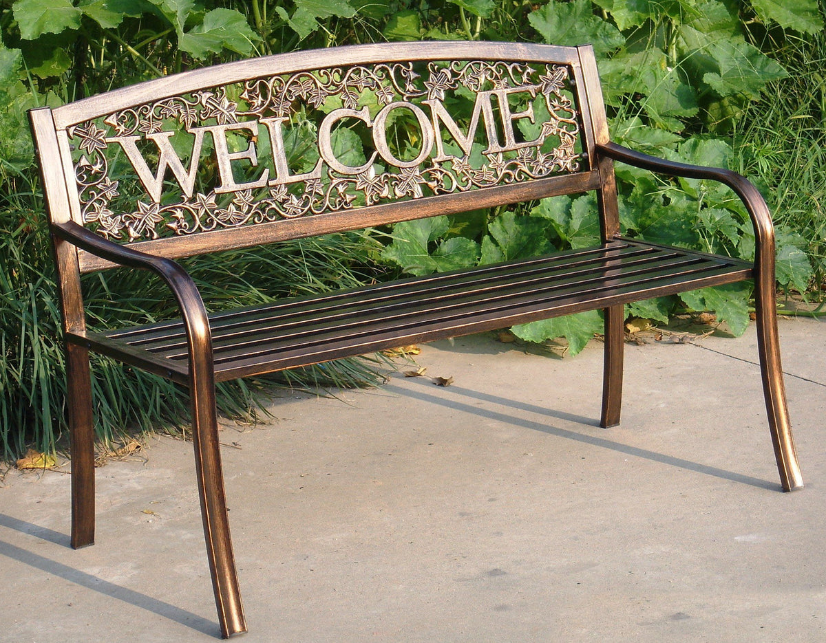 Leigh Country Welcome Bench back panel with ivy detailing adds decorative charm to porches