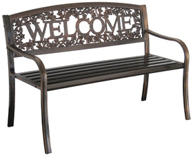 Leigh Country Welcome Bench front view highlighting the ivy-back design for a warm outdoor entry