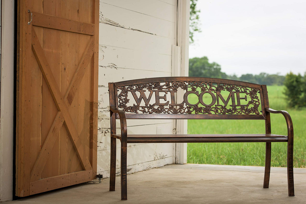 Leigh Country Welcome Bench on a patio setting showcasing outdoor seating and curb appeal