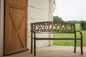 Leigh Country Welcome Bench on a patio setting showcasing outdoor seating and curb appeal
