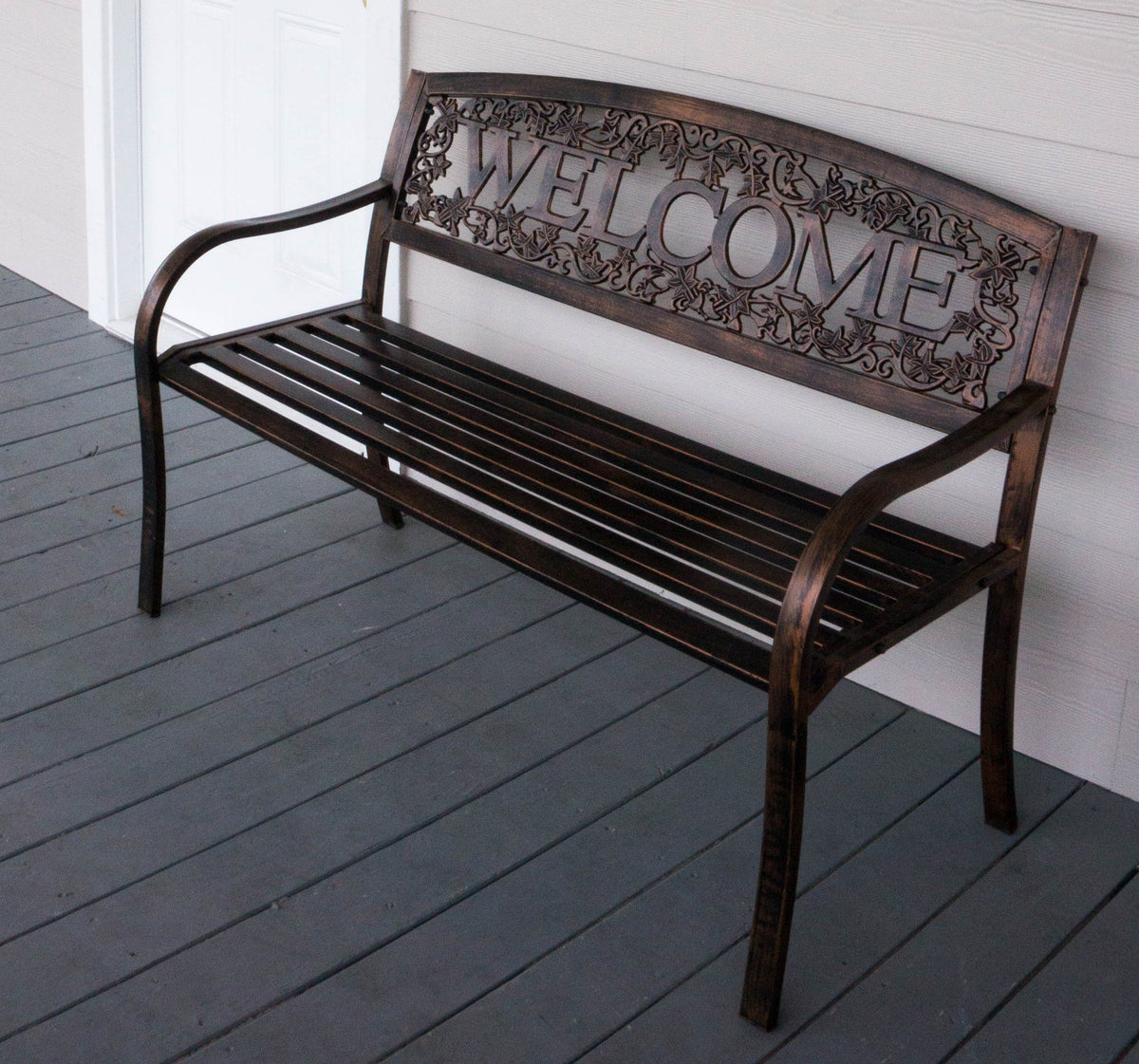Leigh Country Welcome Bench side angle showing sturdy steel tubing and comfortable seating
