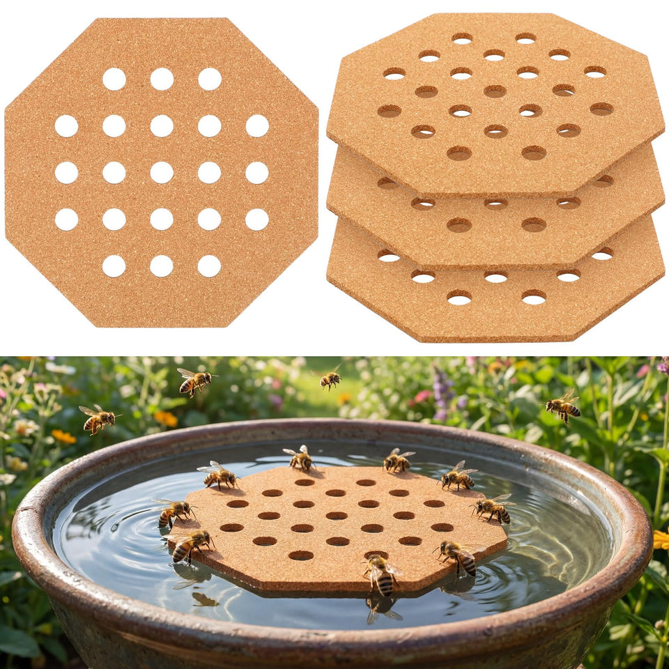 Leinuosen four-pack floating bee station on water provides a safe pollinator drinking spot.