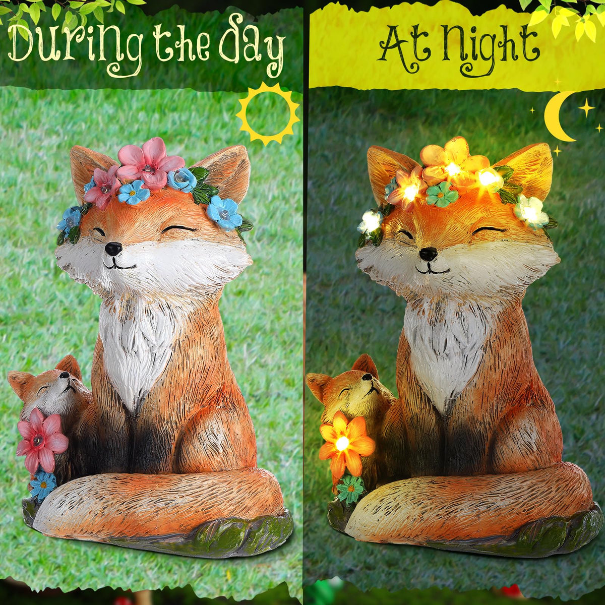 Leinuosen multicolor resin fox statue enhances yard ambiance after dark.