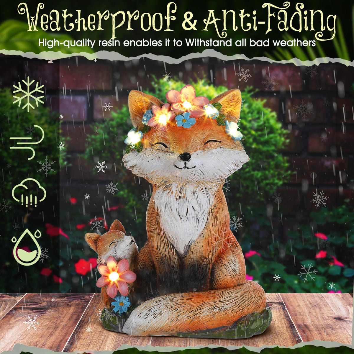 Leinuosen weatherproof fox statue endures rain and sun for year-round charm.