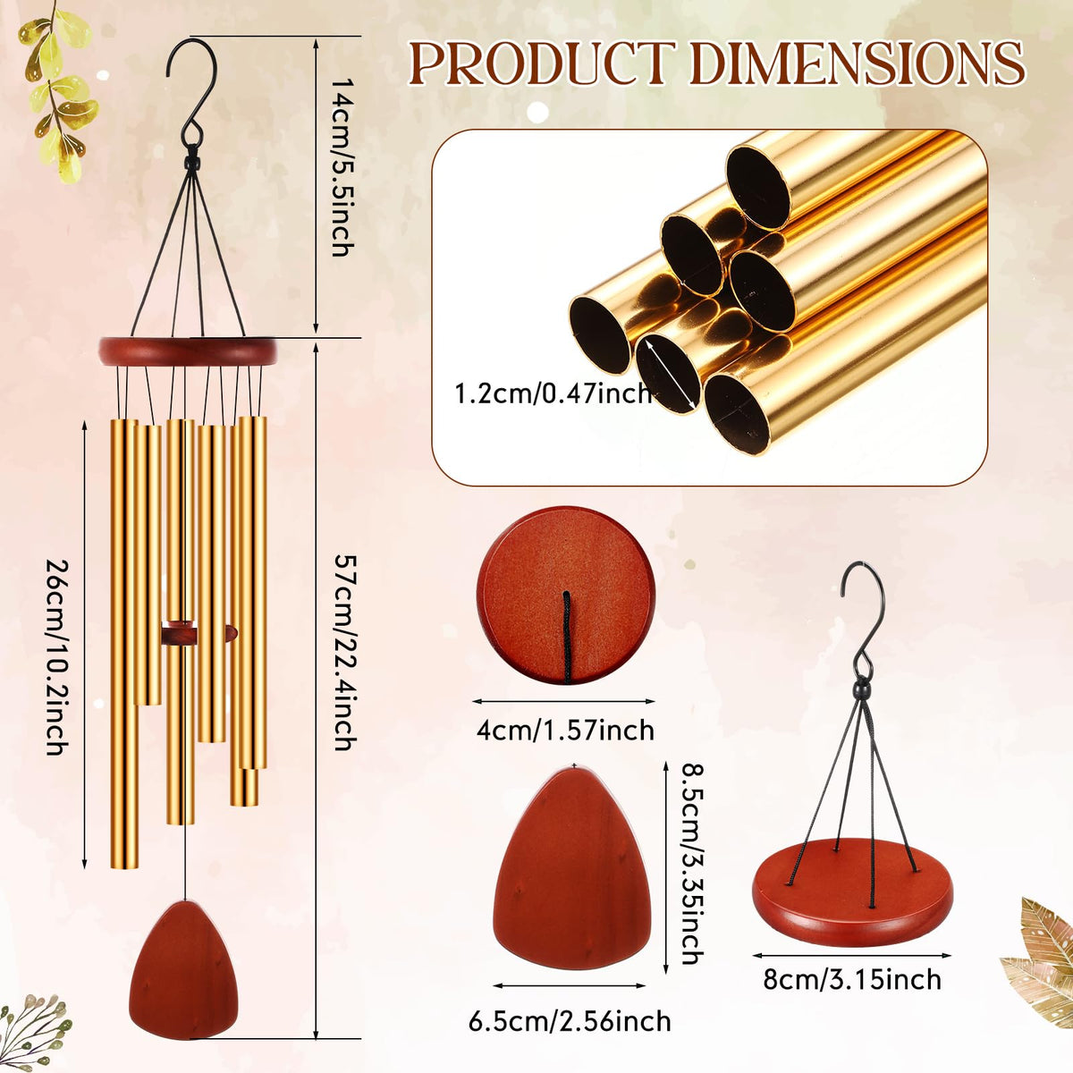 Leinuosen wind chimes feature a pine wood disc for stable, clear tones outdoors.