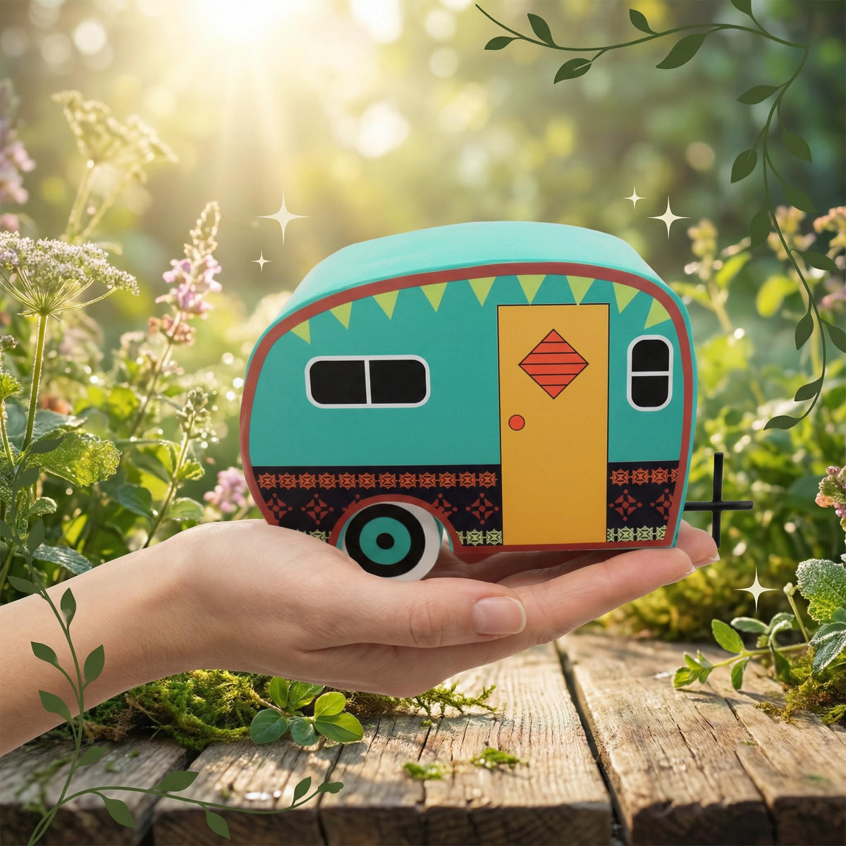 Indoor decorative use of the Gypsy Garden Trailer on a shelf