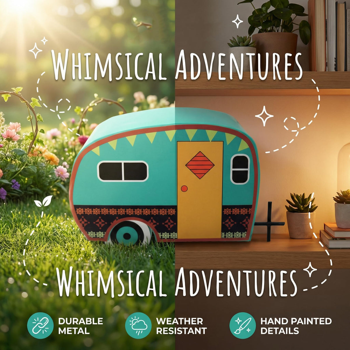 Close-up of intricate turquoise patterns on the Gypsy Garden Trailer