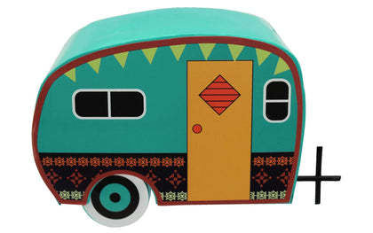 LEISURE ARTS Gypsy Garden Trailer with turquoise exterior adds rustic charm to outdoor scenes