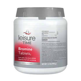 Leisure Time bromine tablets bottle close-up for spa water care