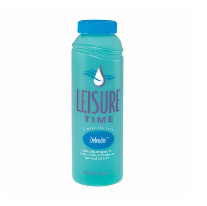 Leisure Time Defender Liquid bottle pour promotes spa water clarity and scale prevention.