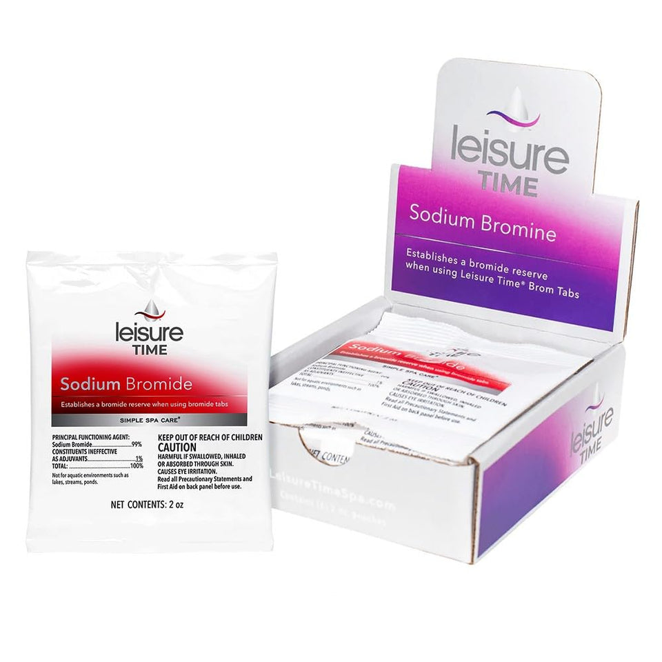 Leisure Time Sodium Bromide Tablets bottle shows bromine reserve for spa sanitization.