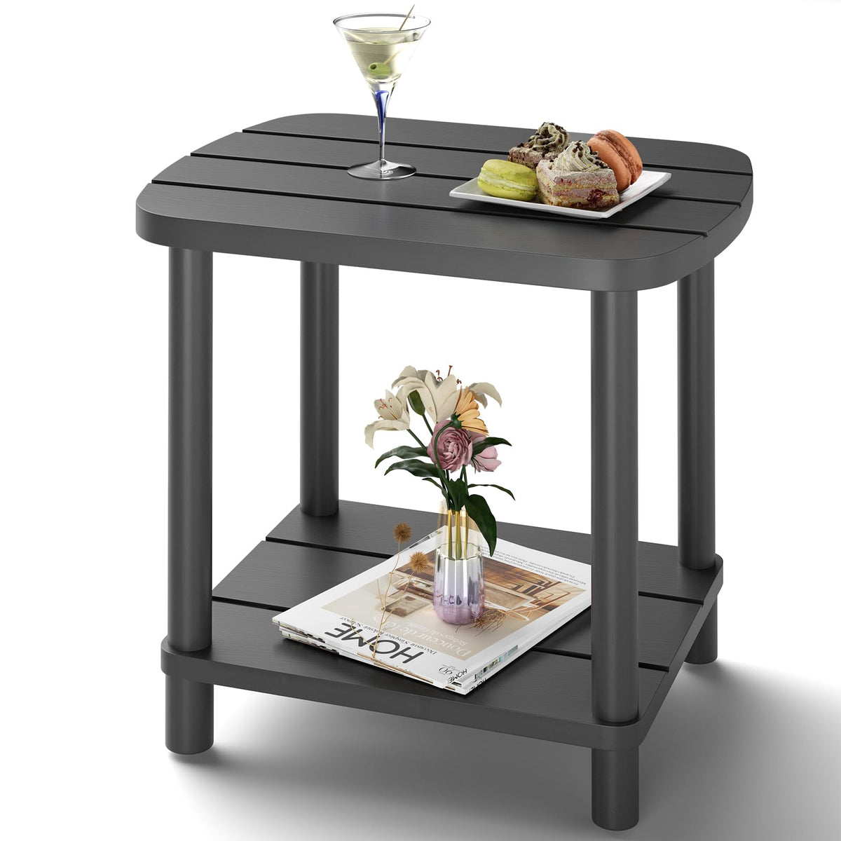 LEJANEOYE bamboo outdoor side table with two-tier storage for drinks and decor.