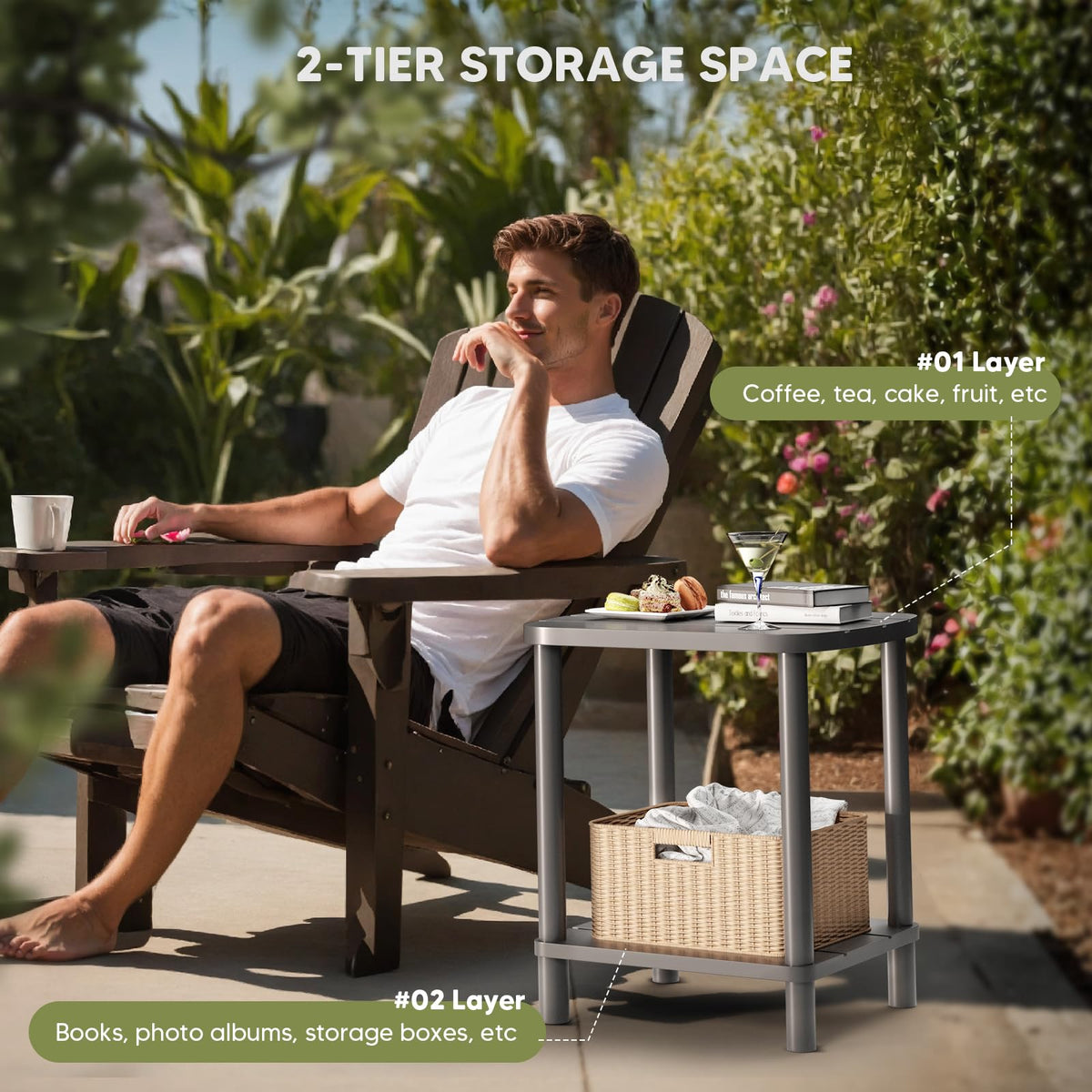 LEJANEOYE outdoor end table in patio setting demonstrates weather resistance.