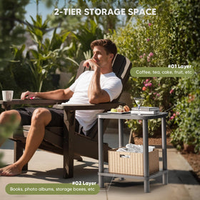 LEJANEOYE outdoor end table in patio setting demonstrates weather resistance.