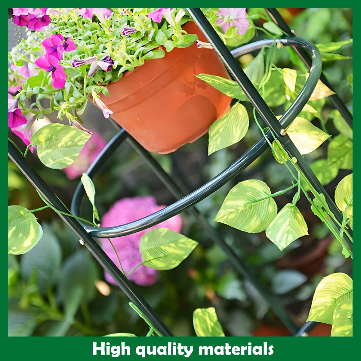 Decorative garland and fairy lights pair well with this obelisk trellis.