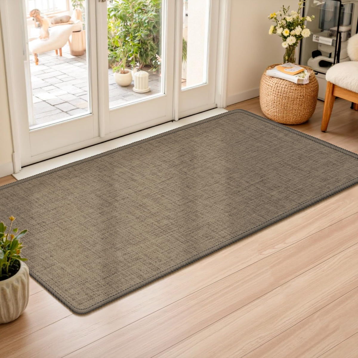 LEKEEPGO ultra-thin door mat 24x47 front view in brown, stylish and functional entry protection.