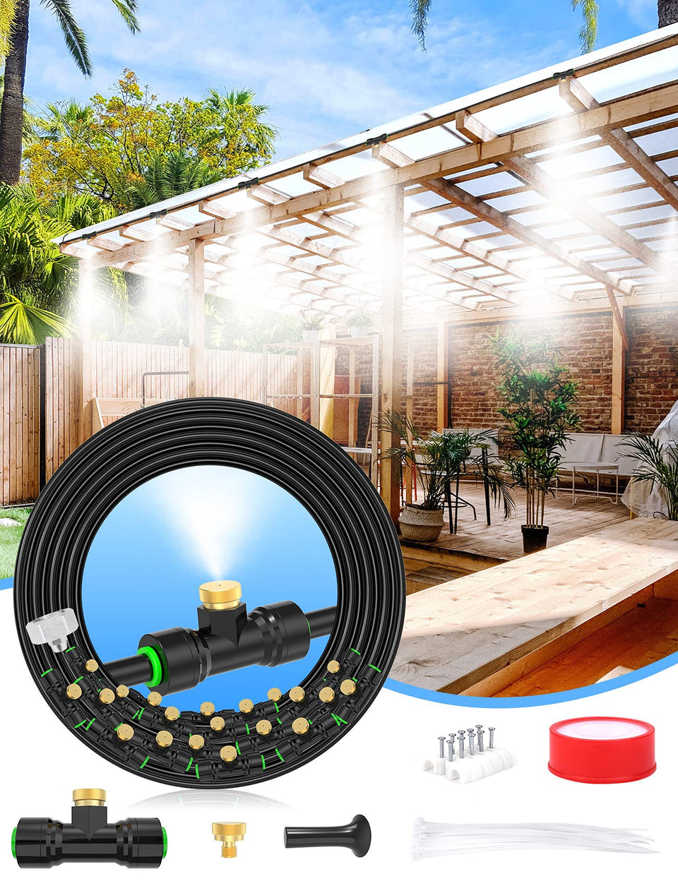 Lekit outdoor misting 63ft kit with wide spray coverage for cooling patios.
