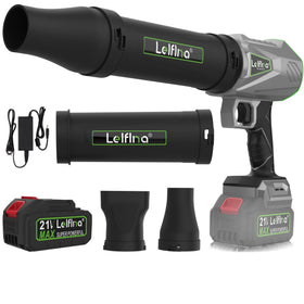 Lelflna turbo jet blower demonstrates quick debris clearing with high airflow.
