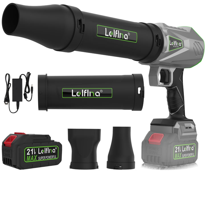Lelflna turbo jet blower demonstrates quick debris clearing with high airflow.