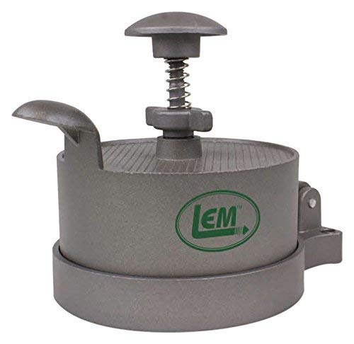LEM burger press spring-loaded detail showing adjustable thickness for uniform patties