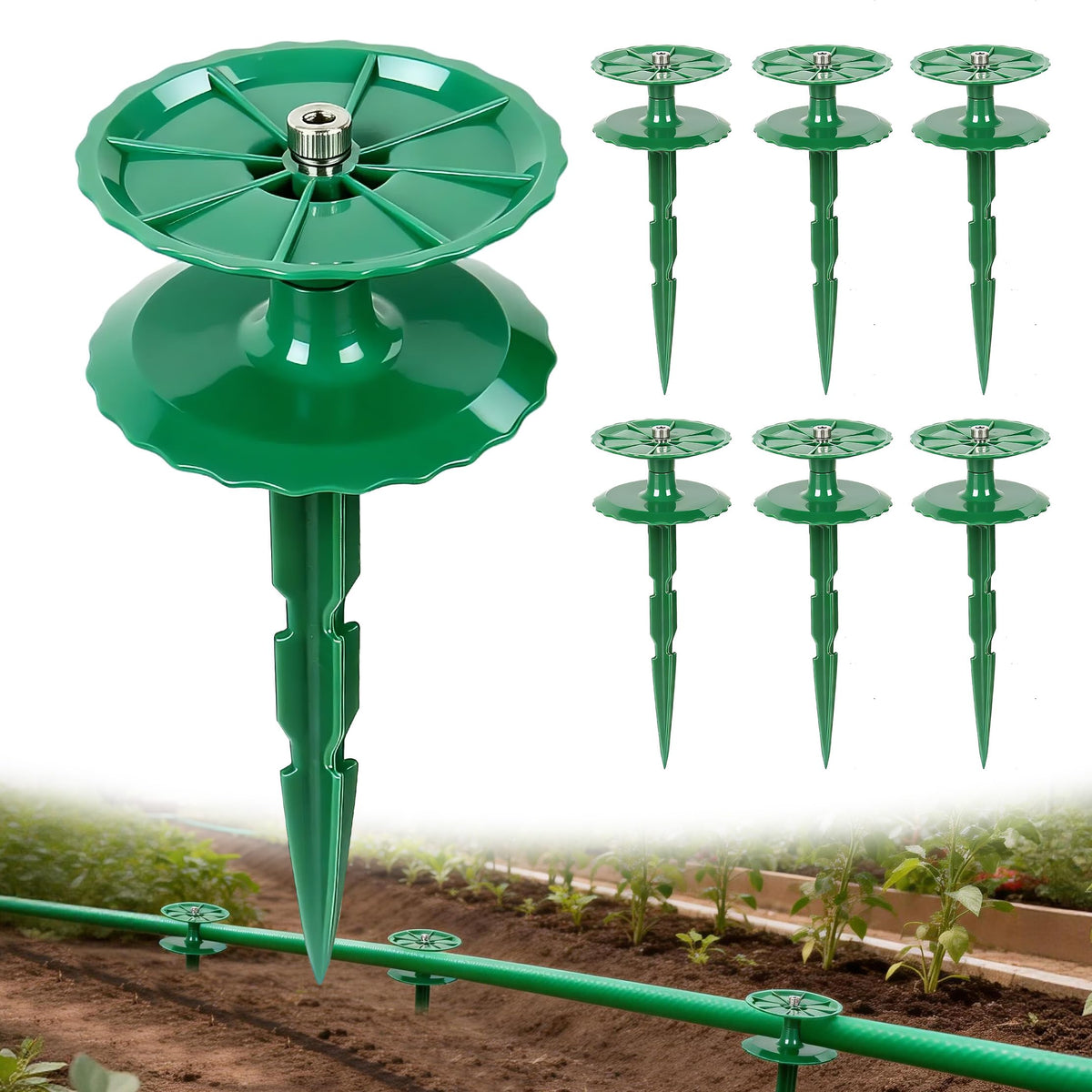 LEMEWEL 6 pack hose guide stake with rotatable disks guiding the hose while protecting beds