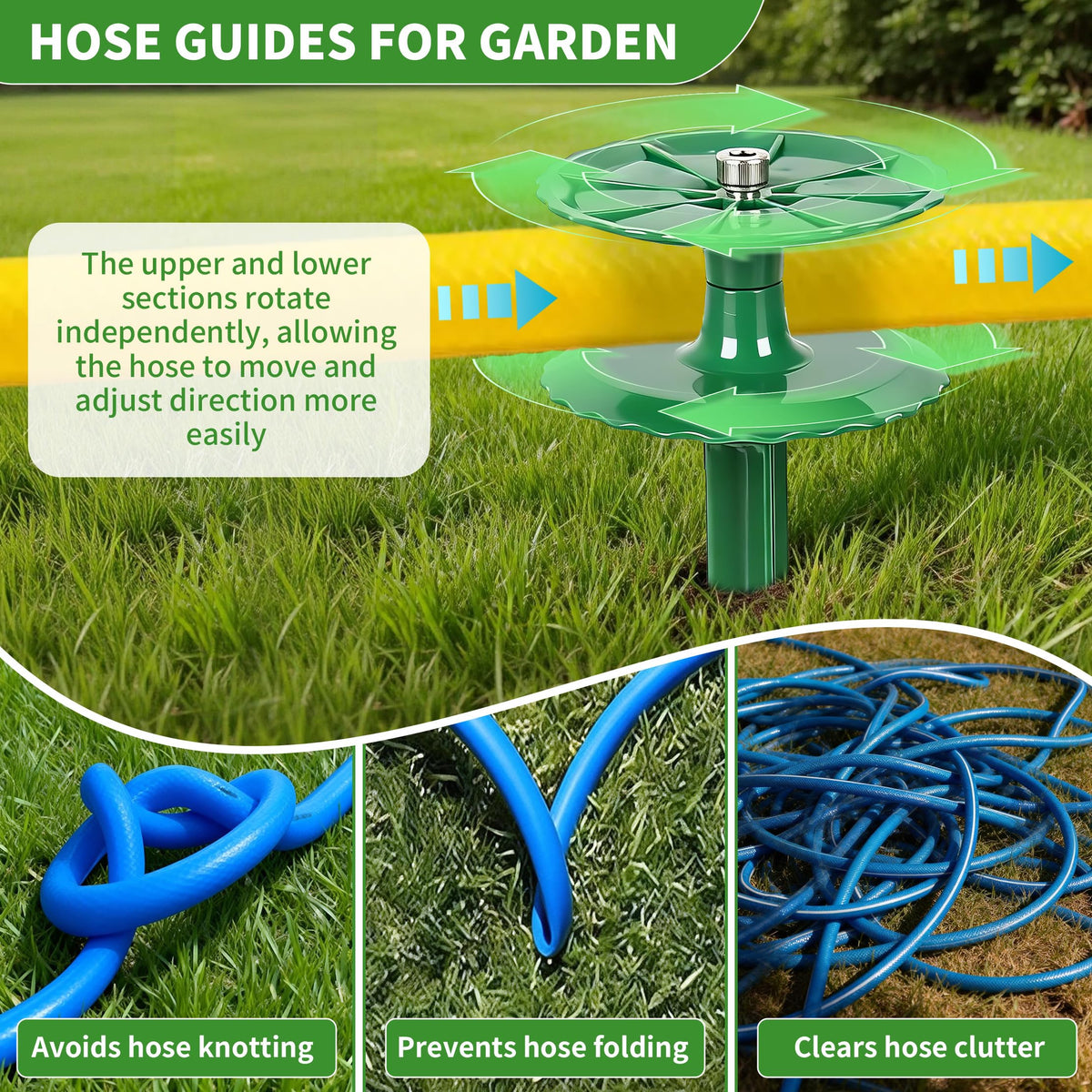 LEMewell rotating double-disk stake enables smooth hose movement to prevent tangles.