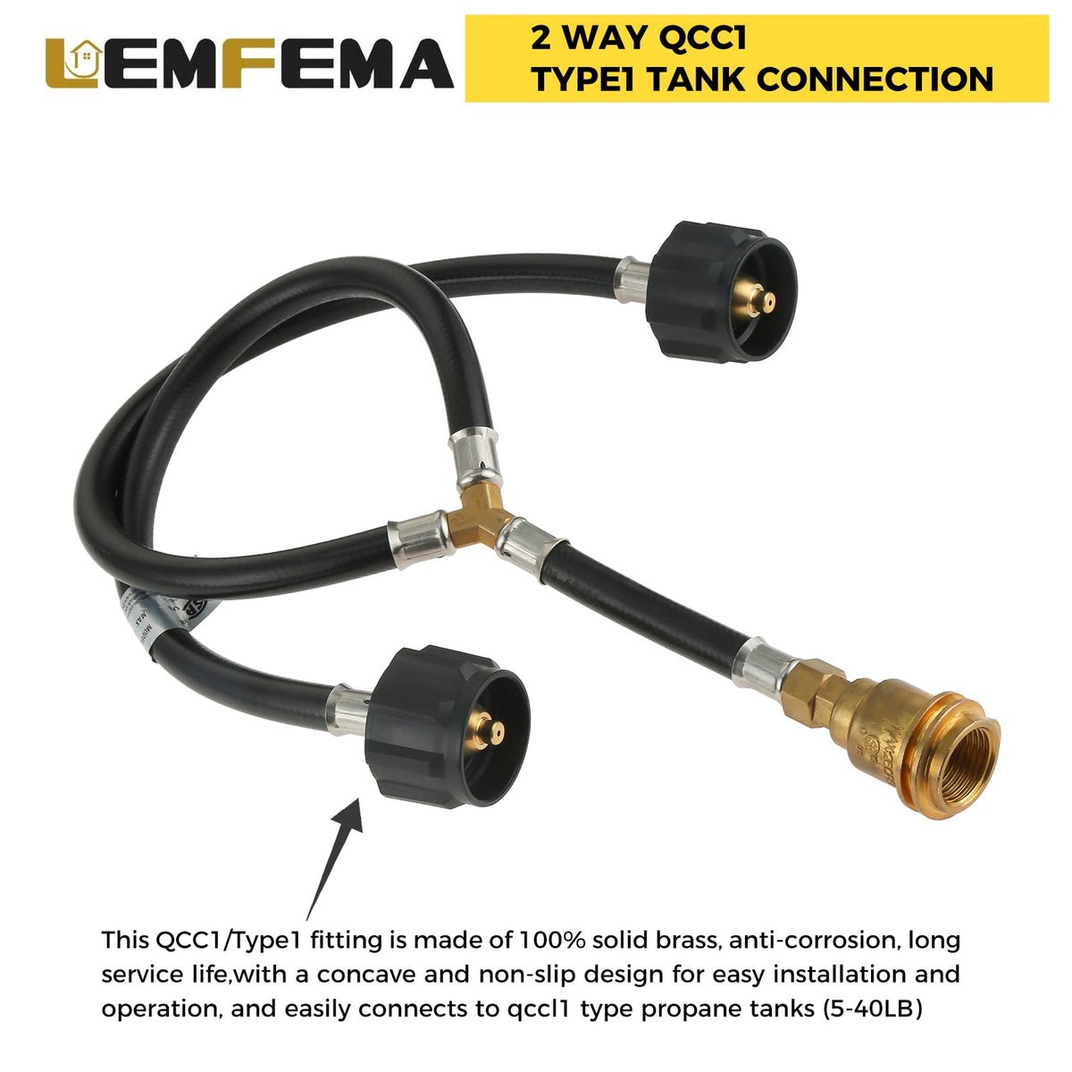 Lemfema brass and rubber construction for durable propane hose.