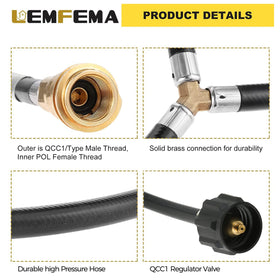 Lemfema qcc1 male outlet hose for two-tank operation on grills.