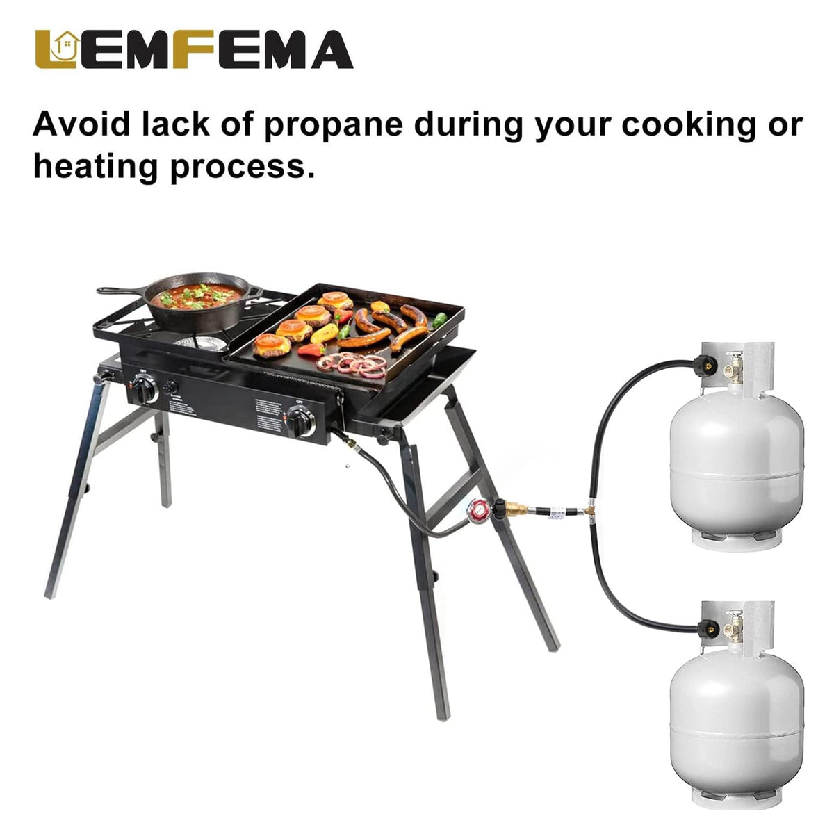 Lemfema two-tank connection enabling uninterrupted cooking outdoors.