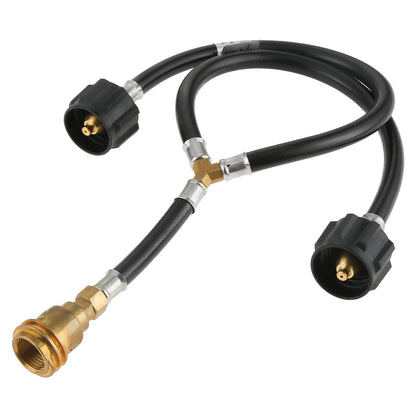 Lemfema universal Y-type splitter hose assembly for dual propane tanks.