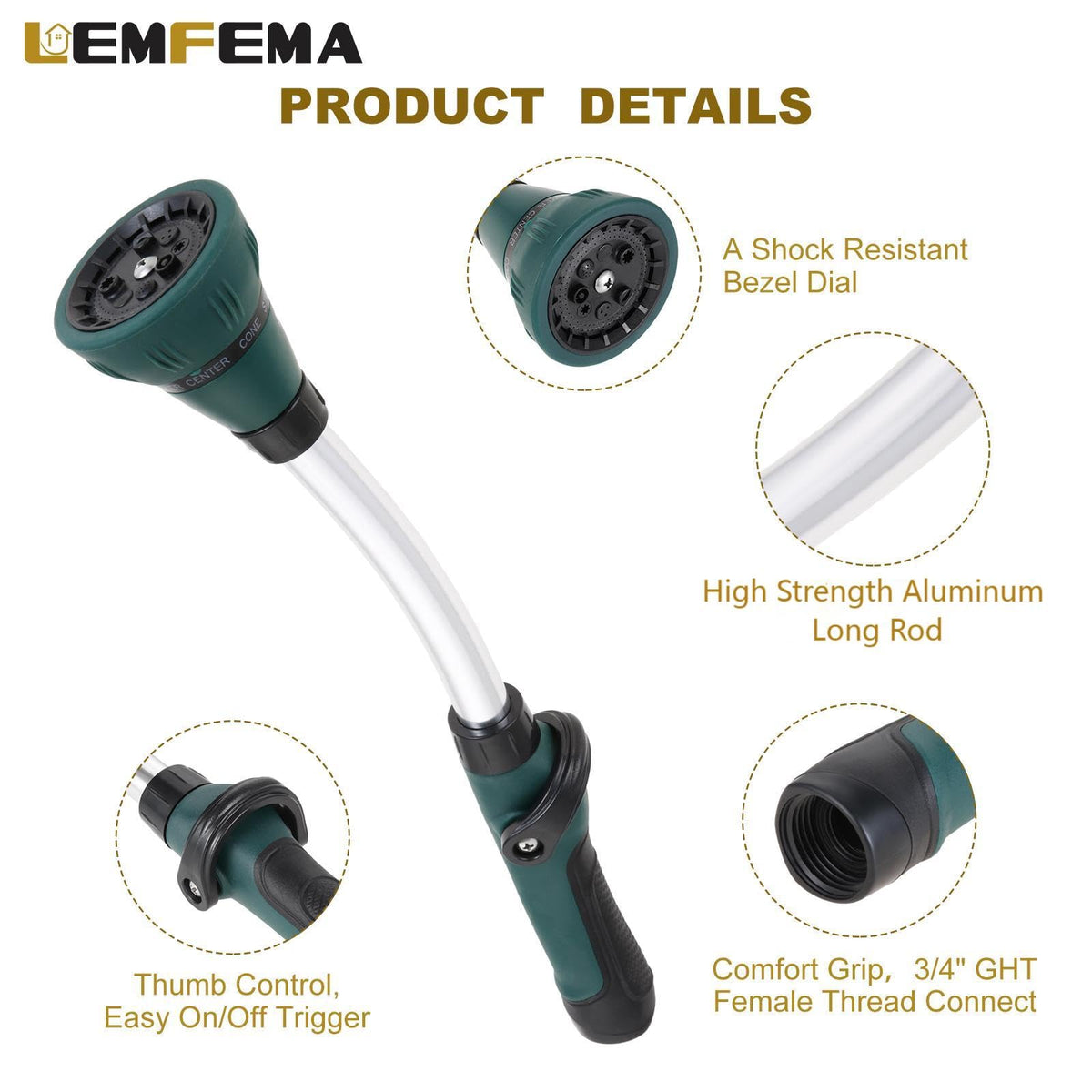Lemfema watering wand with 8 patterns for versatile watering