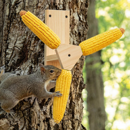 LemonRoad Squirrel Feeder outdoor wooden frame with three ears for garden wildlife viewing