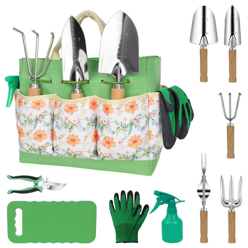 LeMotech 10-in-1 garden tool kit with wooden handles for versatile garden tasks