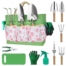 LeMotech wooden-handle garden tools provide a comfortable grip for extended gardening