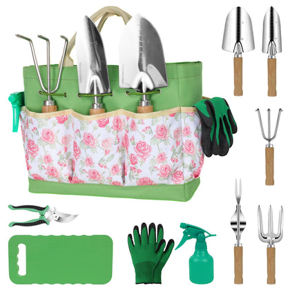 LeMotech wooden-handle garden tools provide a comfortable grip for extended gardening