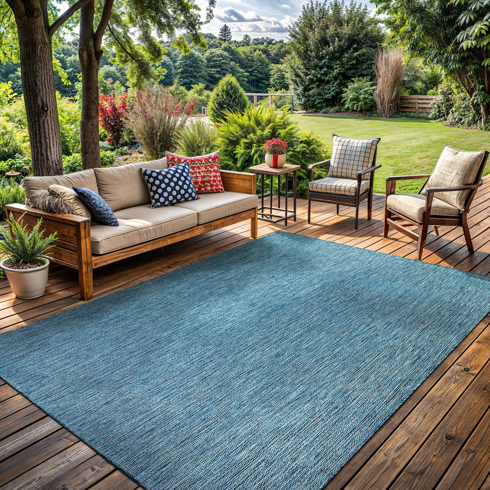 Lena Rug aqua blue 5x7 for durable outdoor and indoor use on patios and decks.