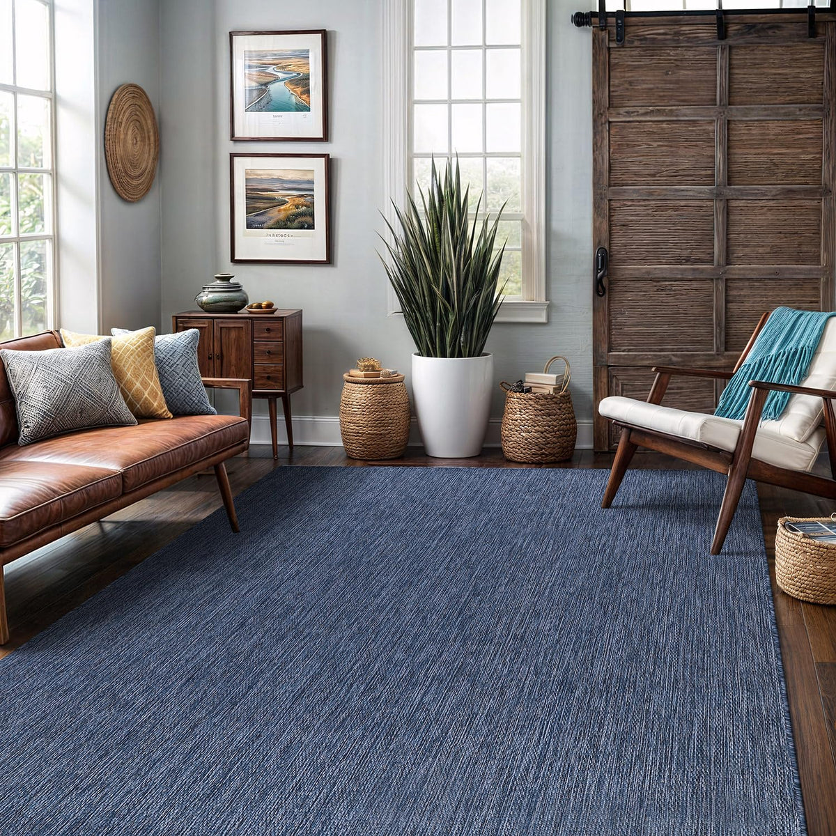 Lena Rug backyard patio ambience with azure blue rug underfoot comfort.