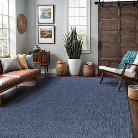 Lena Rug backyard patio ambience with azure blue rug underfoot comfort.