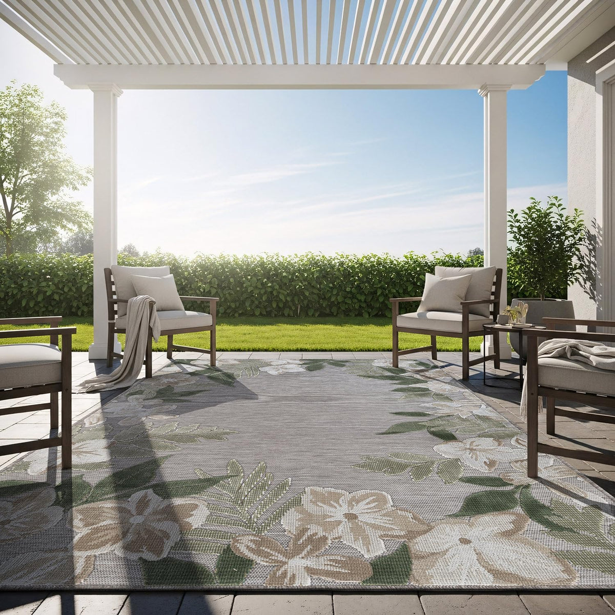 Lena Rug versatile colors like green balance outdoor and indoor spaces.
