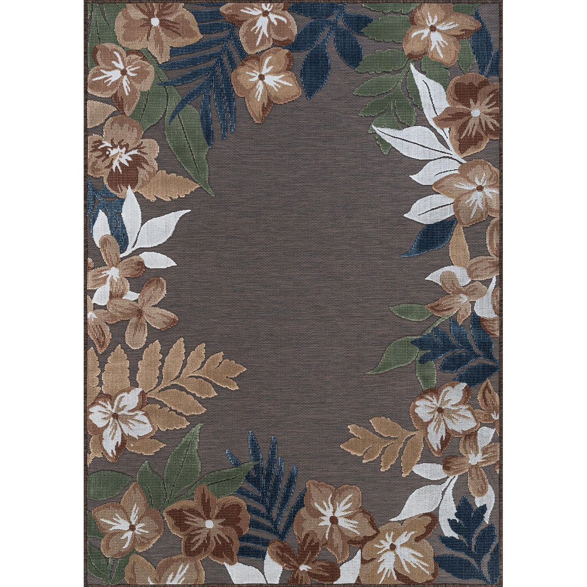 Lena Rug outdoor 8x10 with brown border floral pattern, side view