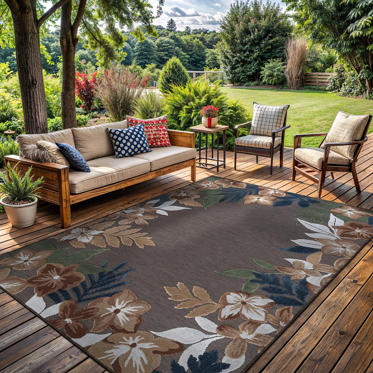 Lena Rug outdoor 8x10 with brown border floral pattern, easy to clean for patios