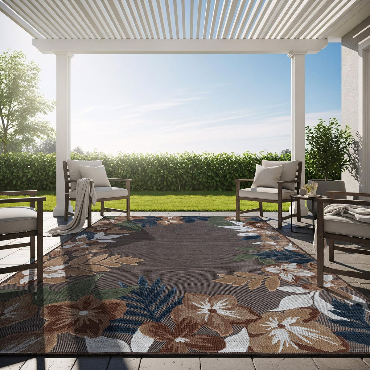 Lena Rug outdoor 5x7 brown-border floral rug for patio settings