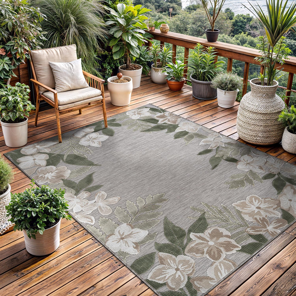 Lena Rug outdoor rug 5x7 with green border floral for patios.