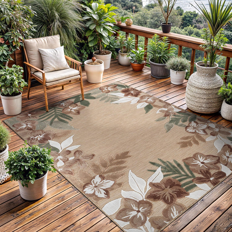 Lena Rug outdoor rug 8x10 beige border floral ideal for patios and living spaces
