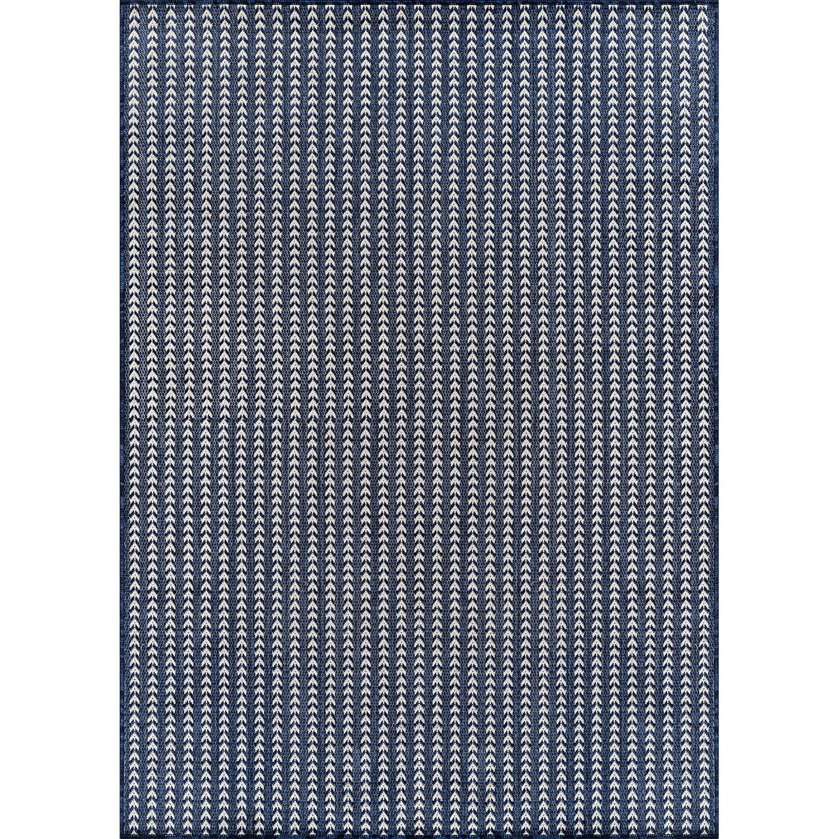Lena Rug navy striped outdoor rug made of waterproof polypropylene for sun and rain resilience.