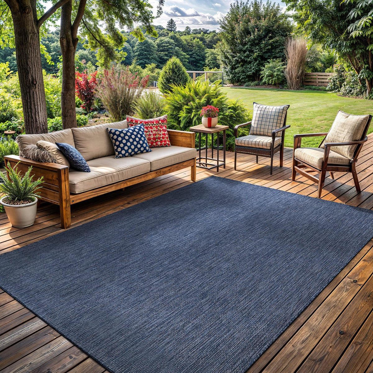 Lena Rug washables 6x9 azure blue on porch for indoor-outdoor versatility.