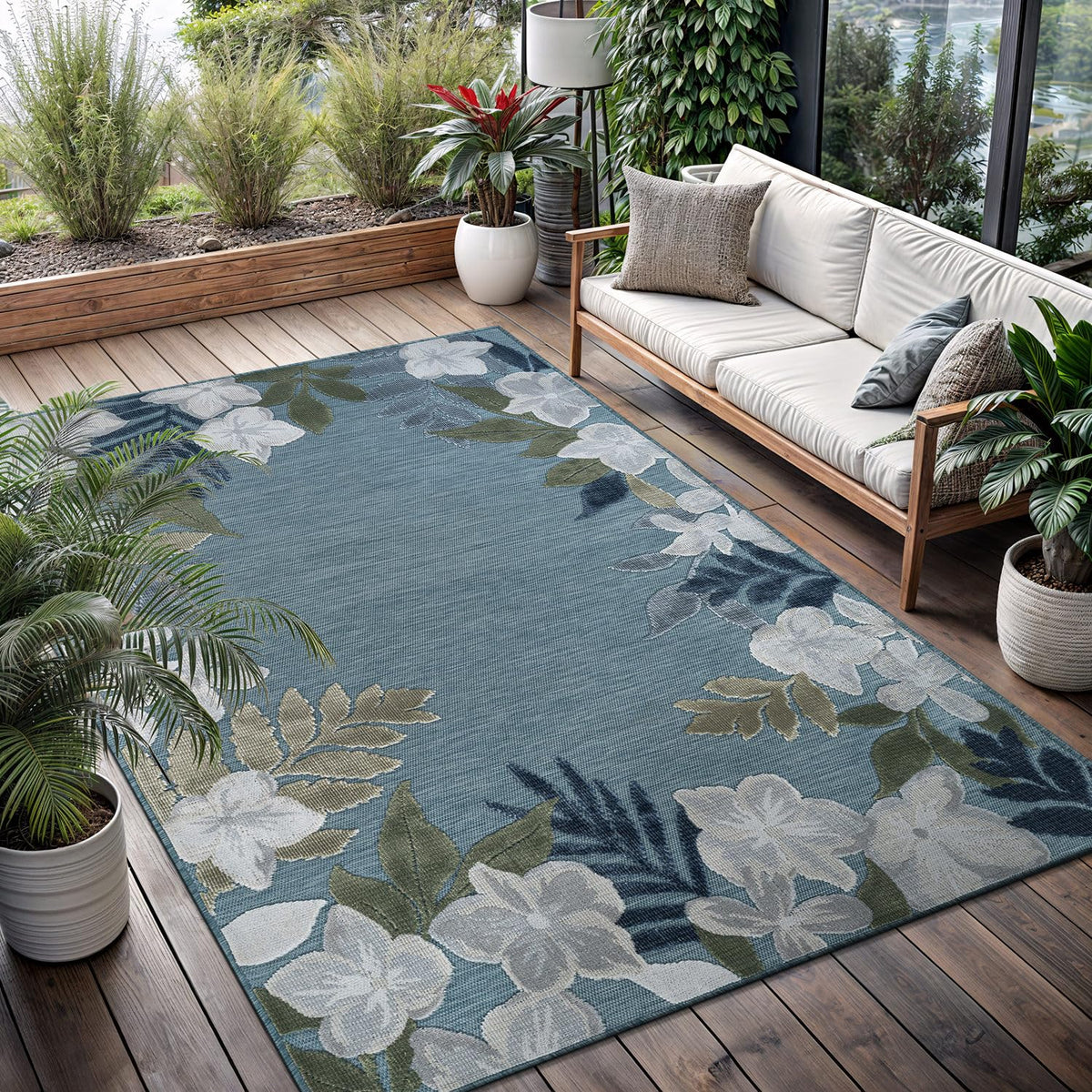 Lena Rug washable easy-clean feature demonstrated with hose-down cleanup