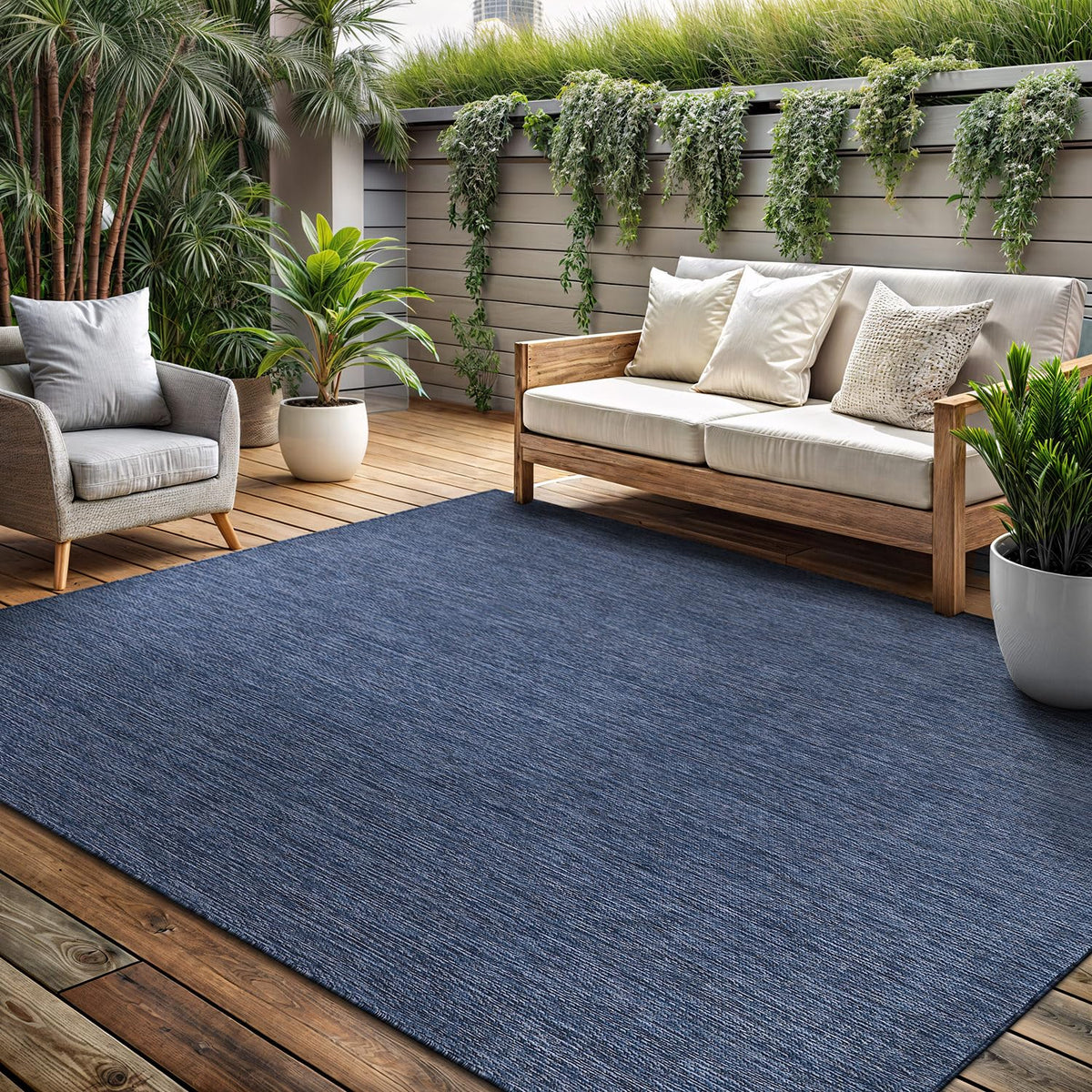 Lena Rug Azure Blue outdoor rug on patio supports versatile outdoor living and easy upkeep