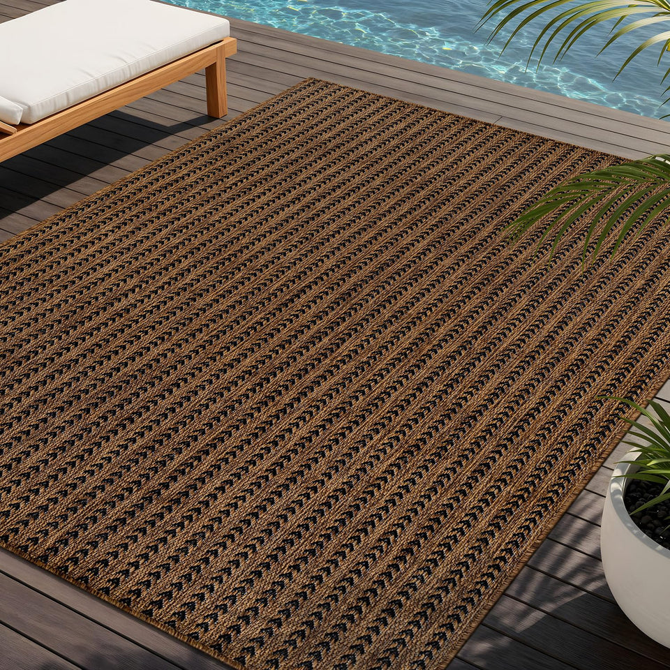 Lena Rug 5x7 striped gold outdoor rug, easy clean after outdoor entertaining.
